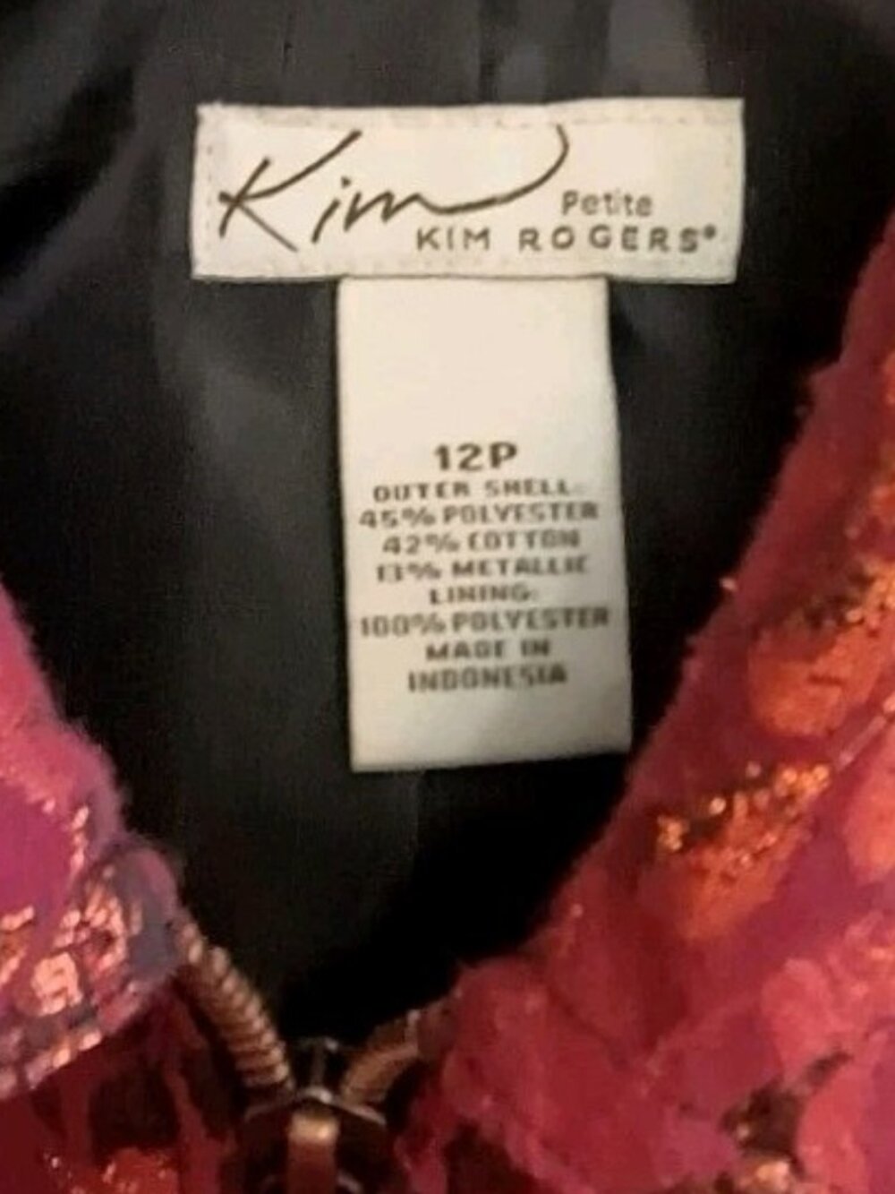 Kim Rogers Petite 12P Jacket Red Metallic Floral Zip-Up Brocade Style Top - Picture 3 of 12